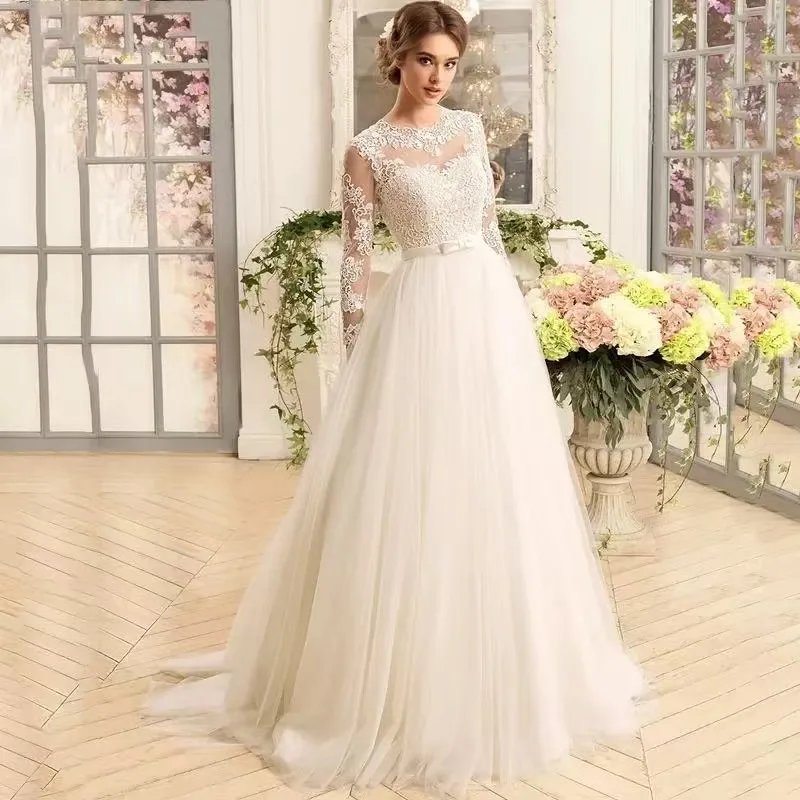 

Customized Vestidos De Noiva Elegant Princess Wedding Dresses Long Sleeve O-Neck Appliques Lace-up Bride Gown Robe Mariée