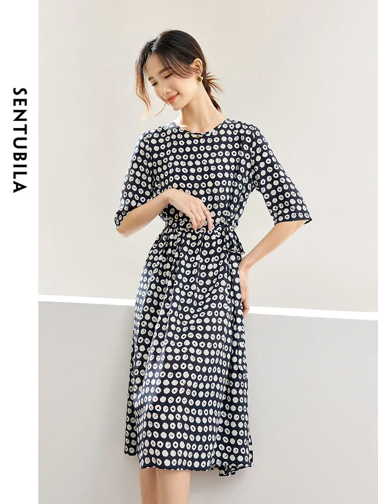 SENTUBILA 100% Silk Luxurious Dress for Women 2024 Summer Wave Point Print Half Sleeve O Neck Lace Up A Line Dress 142L53163X