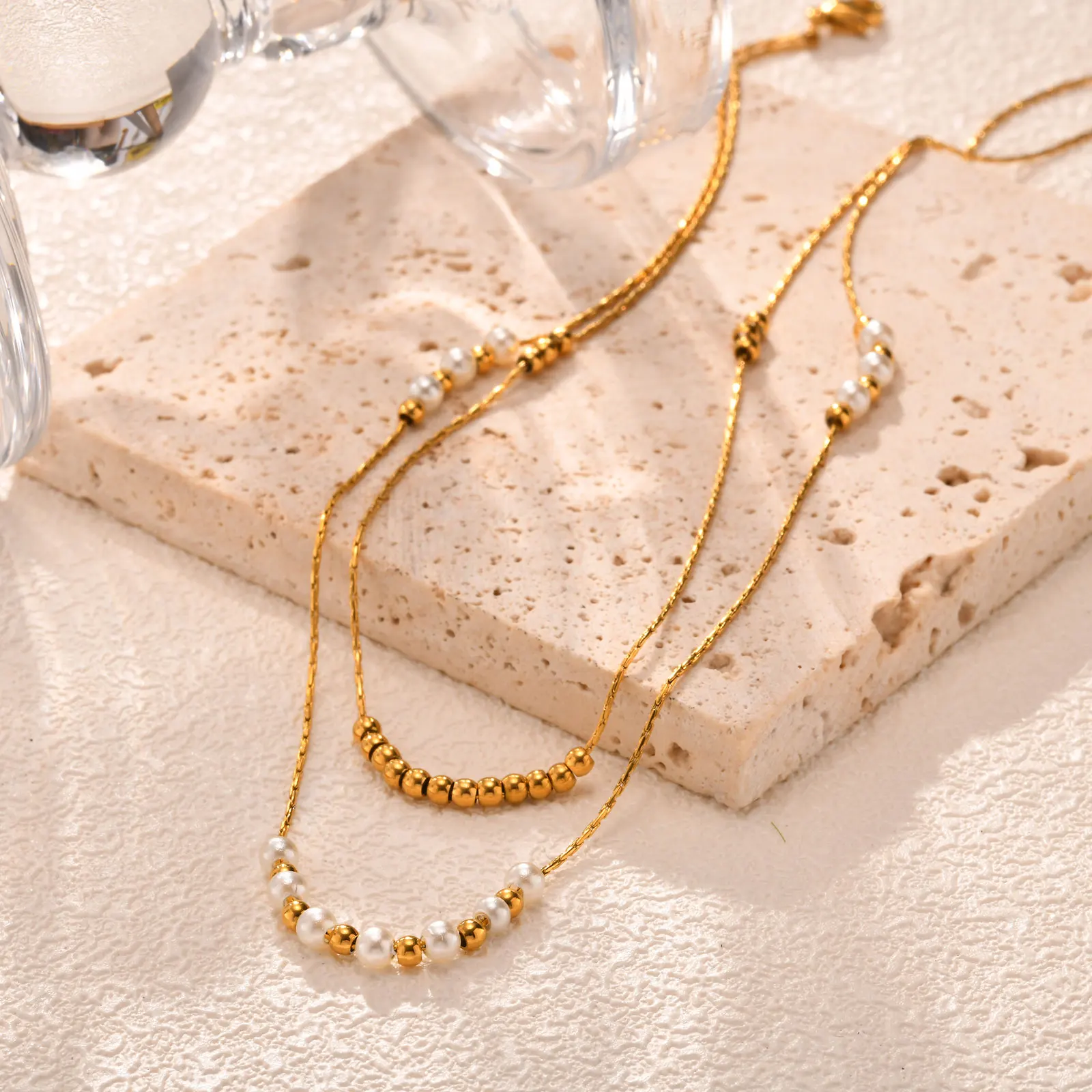 Trend Elegant Imitation Pearl Bead Double Layer Stacking Necklace for Women Stainless Steel Hammer Chain Necklace Jewelry Gift