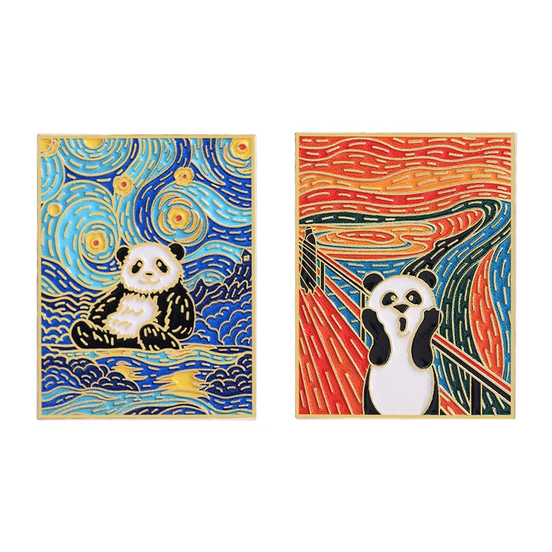 Screaming Panda Brooch Enamel Pins Cartoon Animal Starry Night Oil Painting Art Brooch Lapel Badge Jewelry Gift for Kids Friends