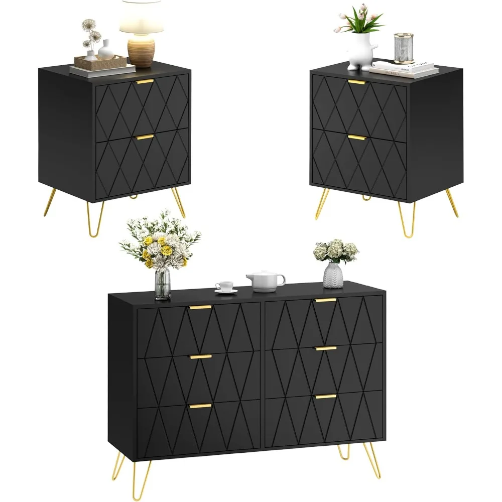 Black 3 Pcs Bedroom Sets, 6 Drawer Dresser and Night Stand Sets for Bedroom, Two Drawers Nightstand Set of 2 & 6 Drawer Dresser