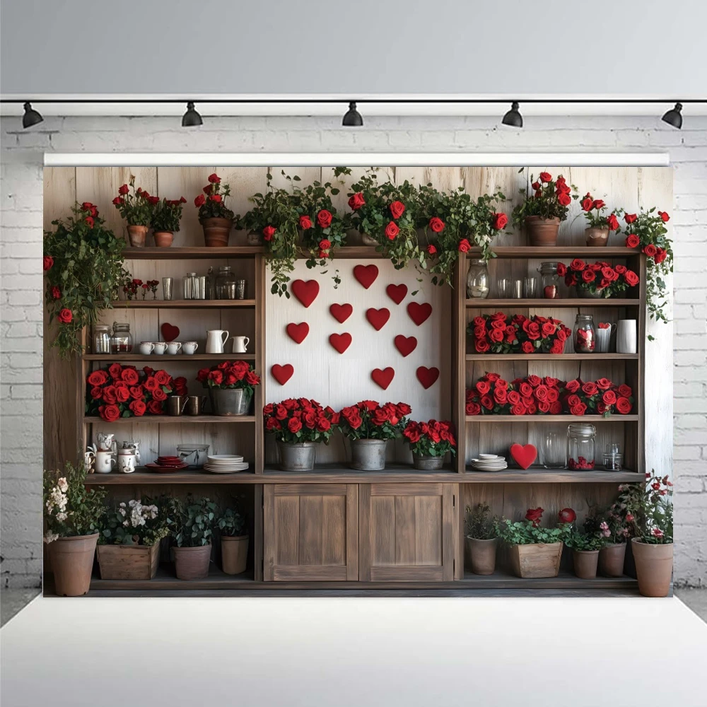 Valentine's Day Romantic Kitchen Photography Backdrop February 14th Red Roses Love Heart Cabinet Girls Portrait Photo Background