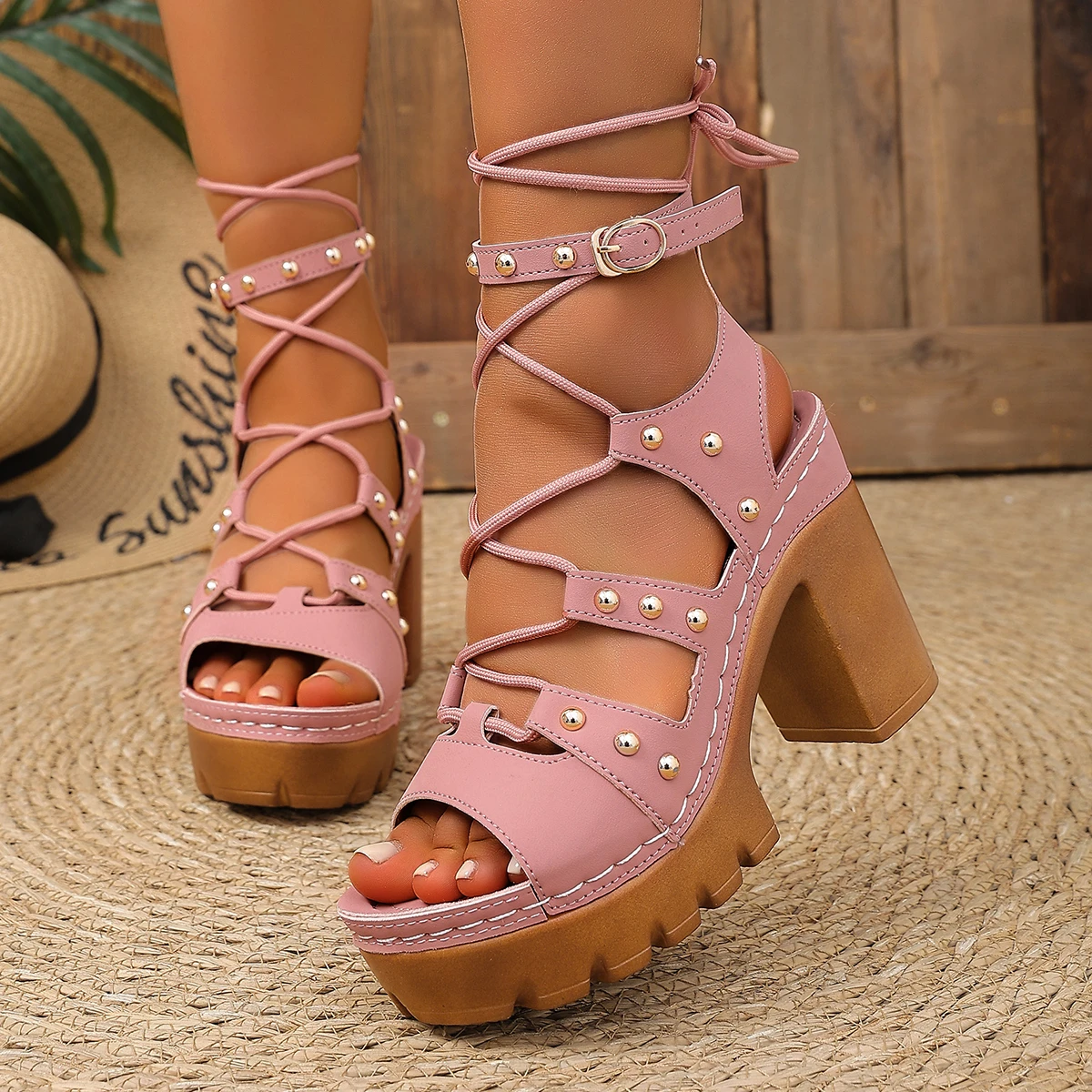 Women High Heel Sandals 2026 New Platform Sandals Women Summer Rivet Decor Gothic Shoes Woman Plus Size High Heeled Roman Shoes