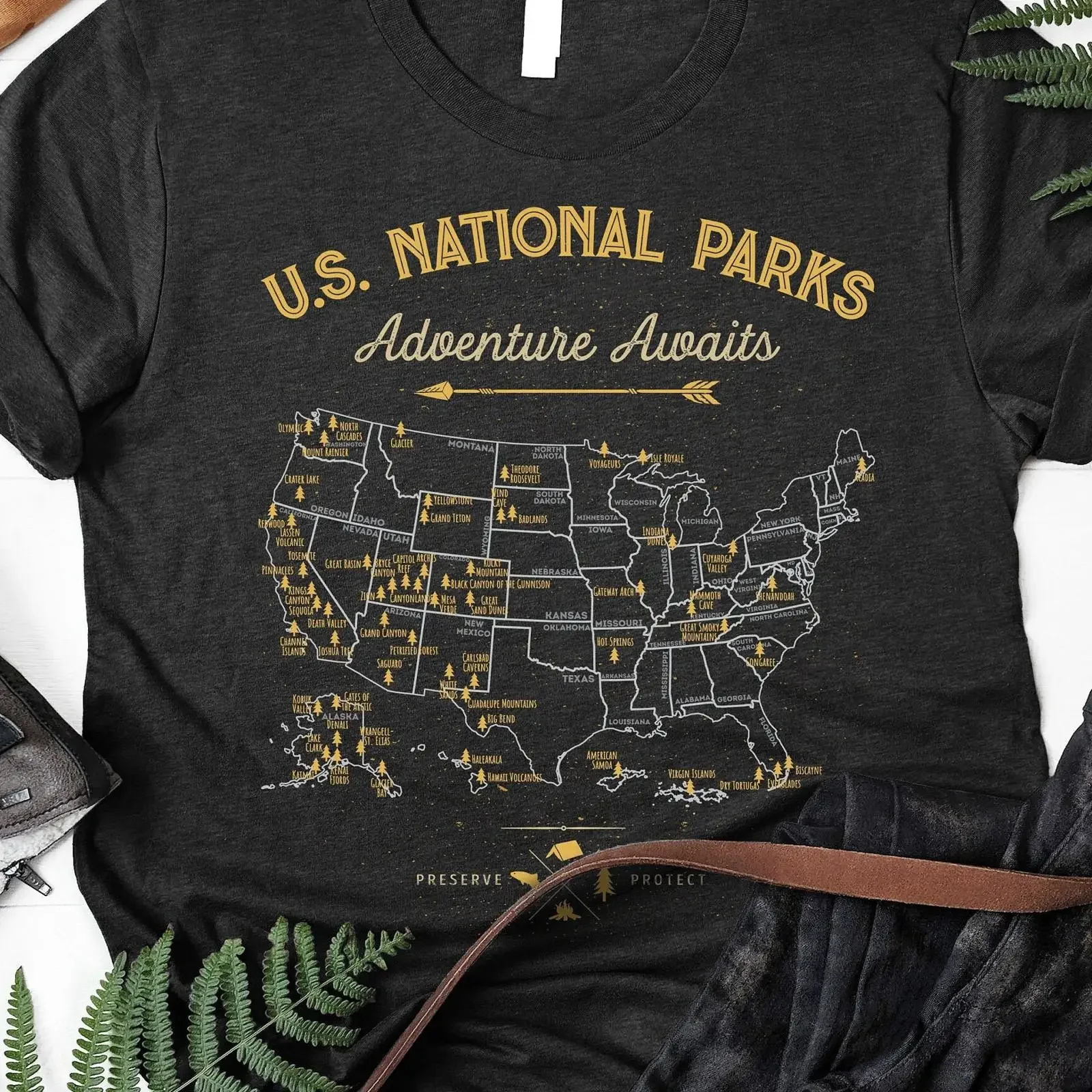 US National Parks Map T Shirt Adventure Awaits Vintage Outdoor Camping Hiking Traveler  vintage Washed designer clothes