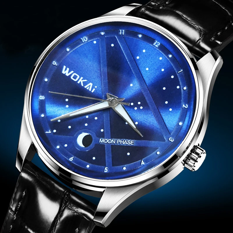 WOKAI high quality fashion blue constellation men\'s leather belt quartz watch men\'s business sports clock simple retro