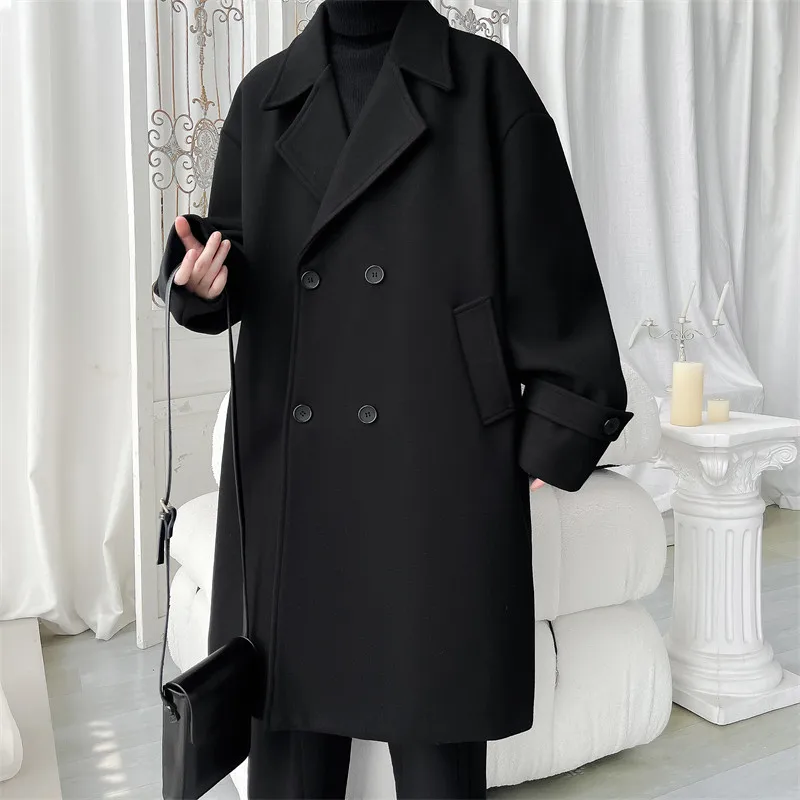 

Men's Mid-Length Thickened Loose Woolen Coat Autumn Winter Fashion Outerwear Youthful Energy Style Polyester Fiber 100%