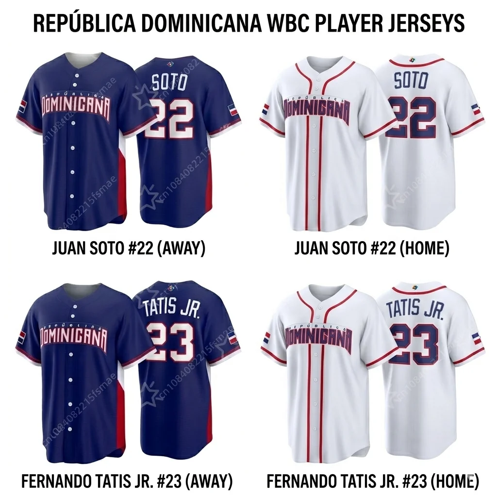 

Бейсбольная форма сборной Доминиканской Республики 2026 года для домашних и выездных матчей, 3D-печать, номер 22, Сото Татис-младший, мужская и детская, для Классика мирового бейсбола