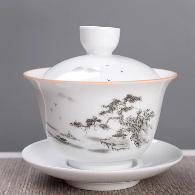 

Chinese Style White Porcelain Tea Cup Sancai Gaiwan 180ml Hand-painted Kungfu Cup Tea Tureen Kitchen Teaware