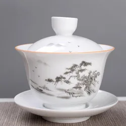 Chinese Style White Porcelain Tea Cup Sancai Gaiwan 180ml Hand-painted Kungfu Cup Tea Tureen Kitchen Teaware