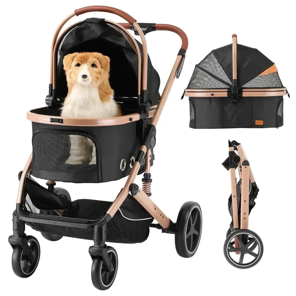 4 in 1 Pet Stroller for Small To Medium Dogs, One-Touch Folding Lightweight Cat&Dog Stroller, All Terrain 4 Wheel Puppy Stroller