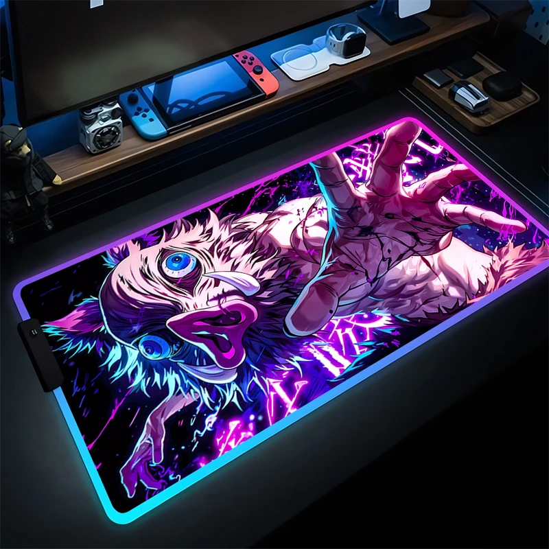 

RGB Mouse Pad Anime Gaming Accessories Varmilo Keyboard Pad Demon Slayer Inosuke Desk Mat Gabinete Gamer Mousepad LED Mouse Mat