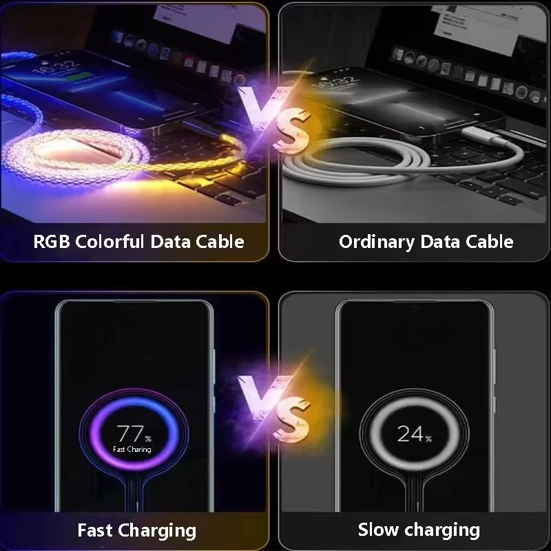 100w Usb C 충전 데이터 케이블 RGB 라이트 케이블 5a Type-C ~ Type-C 60W Samsung Leeco Xiaomi Huawei 전화 Usb 케이블에 적합