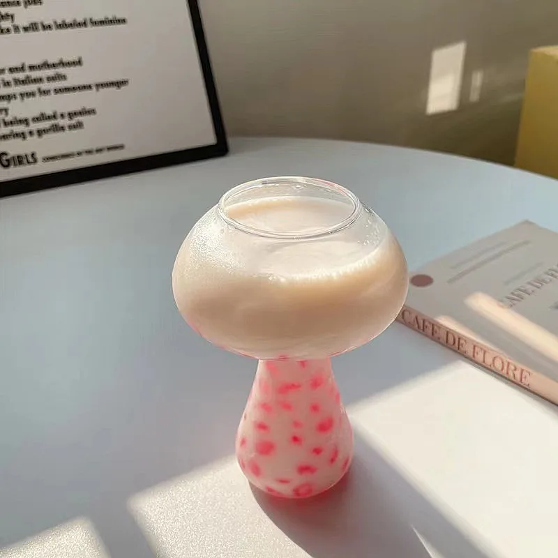 Viral Mushroom Design Glass Cup, Aesthetic Cocktail & Coffee Tumbler with Stem, Cute Juice Glass for Social Media Photography