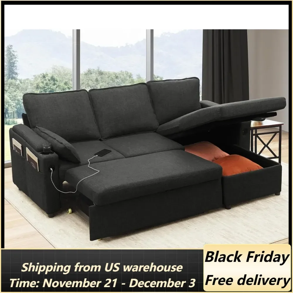 Sofa Bed Sleeper Pull Out 2 in 1 Sectional Sleeper Sofa Couches with Storage,USB, Cup Holder,Pullout Sectional Couches