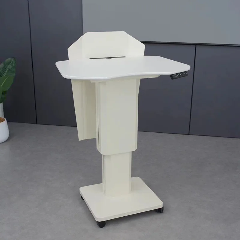 โต๊ะยกไฟฟ้าสีขาว แท่นบรรยายแบบเรียบง่าย โต๊ะบรรยายเหล็กและไม้ โต๊ะประชุมเคลื่อนที่สำนักงาน แท่นบรรยายขนาดเล็ก