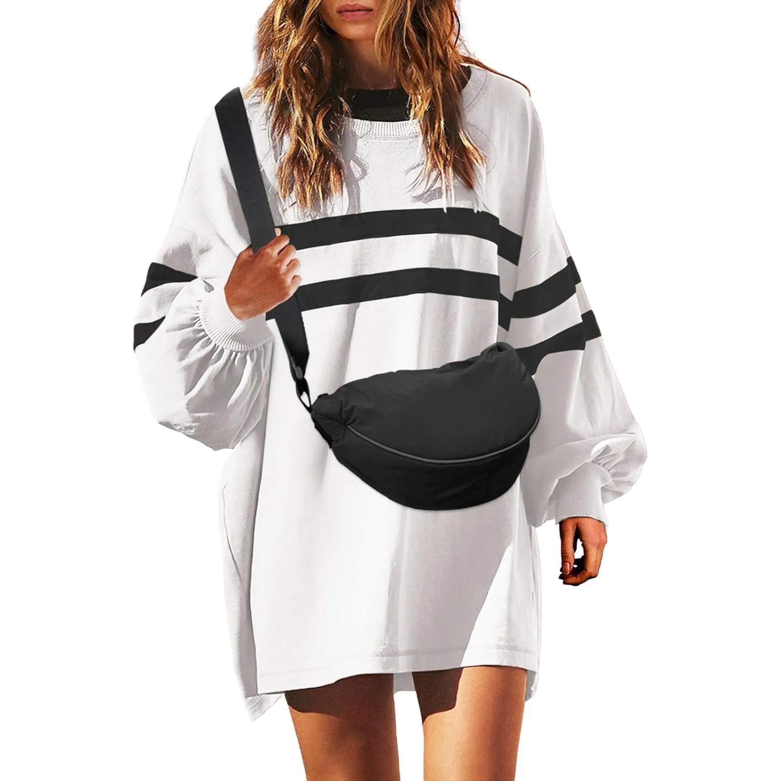 

2024 New Women's Oversized Striped Color Blocking Long Sleeved Round Neck Sports Shirt Casual Loose Fitting Pullover Shirt Top