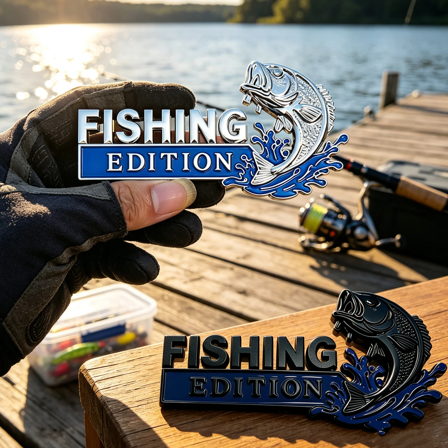 Fishing Edition 3D Metal Car Emblem Bass Fish Wave Badge Car Sticker For Truck SUV Auto Tail Decoration Exterior Accessory