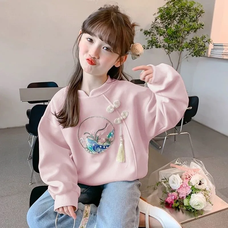 

Утолщенный свитшот с круглым вырезом на флисовой подкладке для девочек — стильный детский топ на осень/зиму в китайском стиле