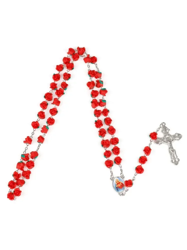 Religious Catholic Soft Clay Rose Rosary Necklace for Women Virgin Mary Crucifix Prayer Amulet Bead Sweater Chain Jewelry Gift