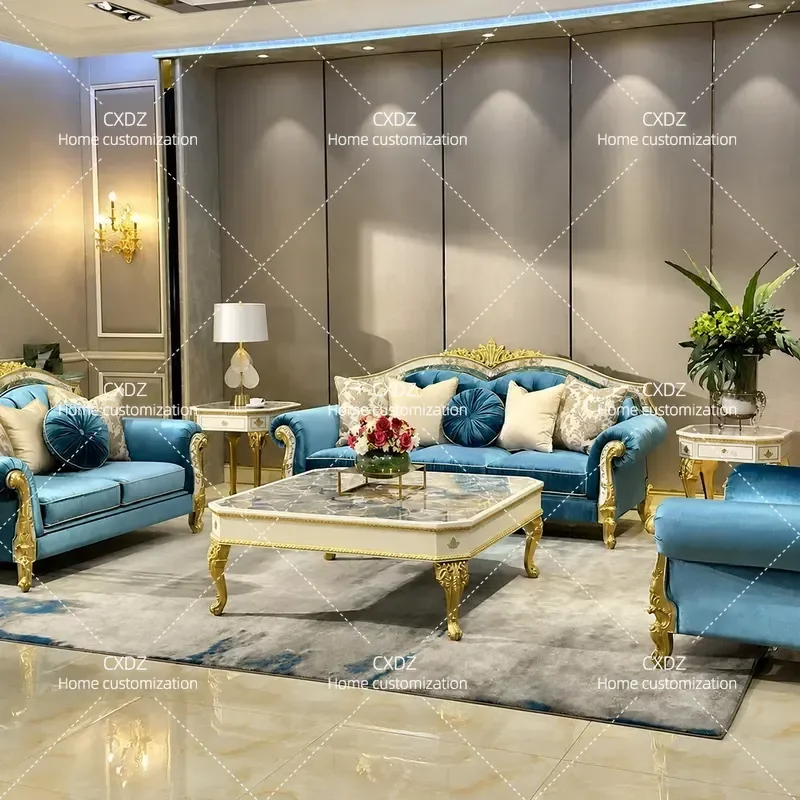 Luxury Fabric Sofa with Solid Wood Carved Flower Shell Design Large Living Room Furniture Set for Villa and Apartment