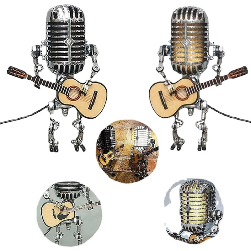 Vintage Microphone Desk lamp Sculpture Metal Microphone Guitar for Desktop Shelf Bookcase Table Decor Gift