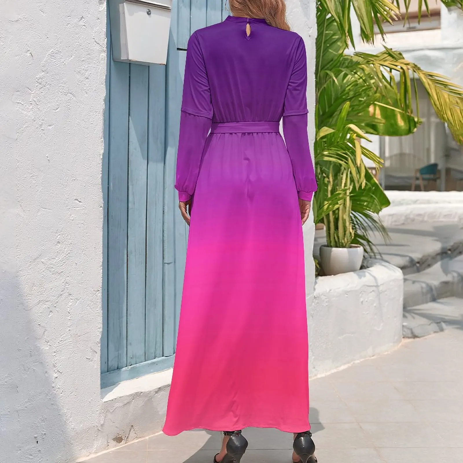 Ombre Abstract Dress Neon Purple And Pink Sexy Print Maxi Dress High Waist Long-Sleeve Simple Beach Long Dresses