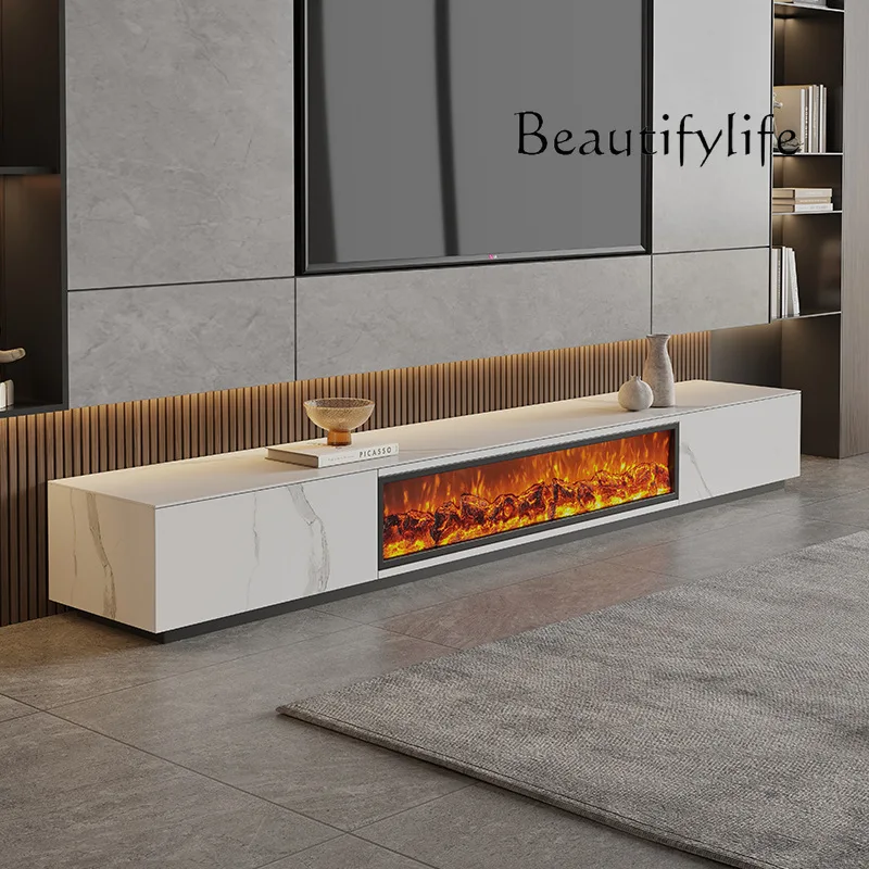 Italian Minimalist Simulation Flame TV Cabinet Electronic Fireplace Full Rock Board Solid Wood TV Cabinet