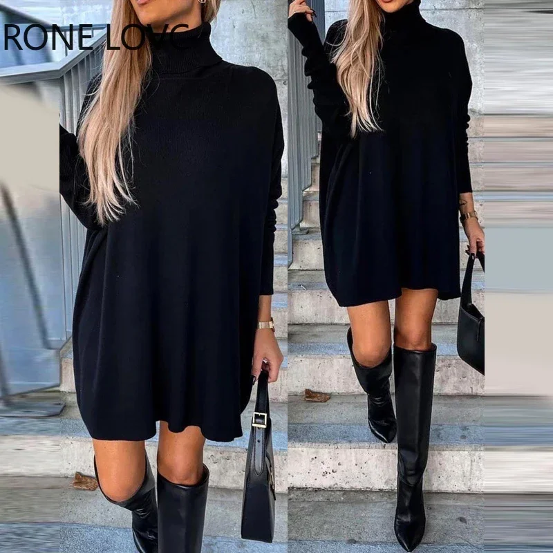 

Women Chic Solid Turtleneck Basics Long Sleeves Loose Fit Straight Sweatshirt Dress Top