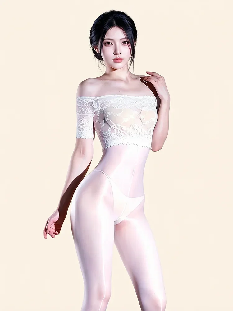Women Sexy Lace Top Bodystocking Sheer Stockings Jumpsuit Off Shoulder Short Sleeve Lingerie Bodysuit Theme Party Clubwear