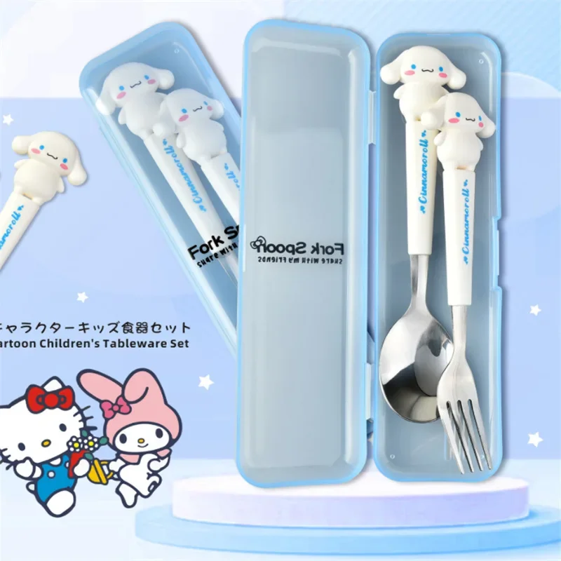 Children Tableware Hello Kitty Melody Kuromi Silicone Handle Tableware Two-piece Set Cinnamoroll Fork Spoon Kids Gifts image 3