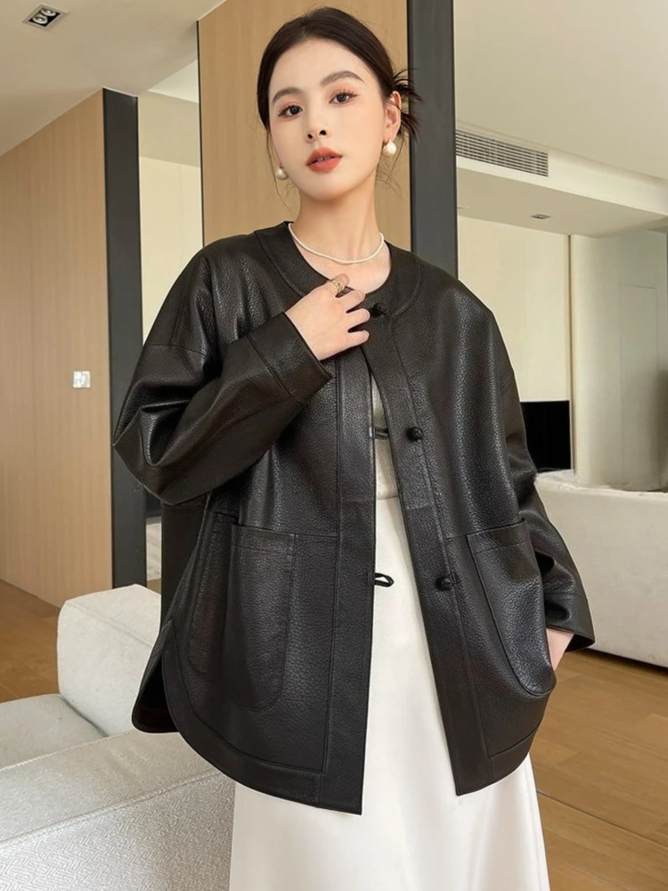 

Casual O-neck Genuine Leather Jackets Women Spring Autumn Simple Loose Deer Texture Black Real Goatskin Coat veste en cuir femme