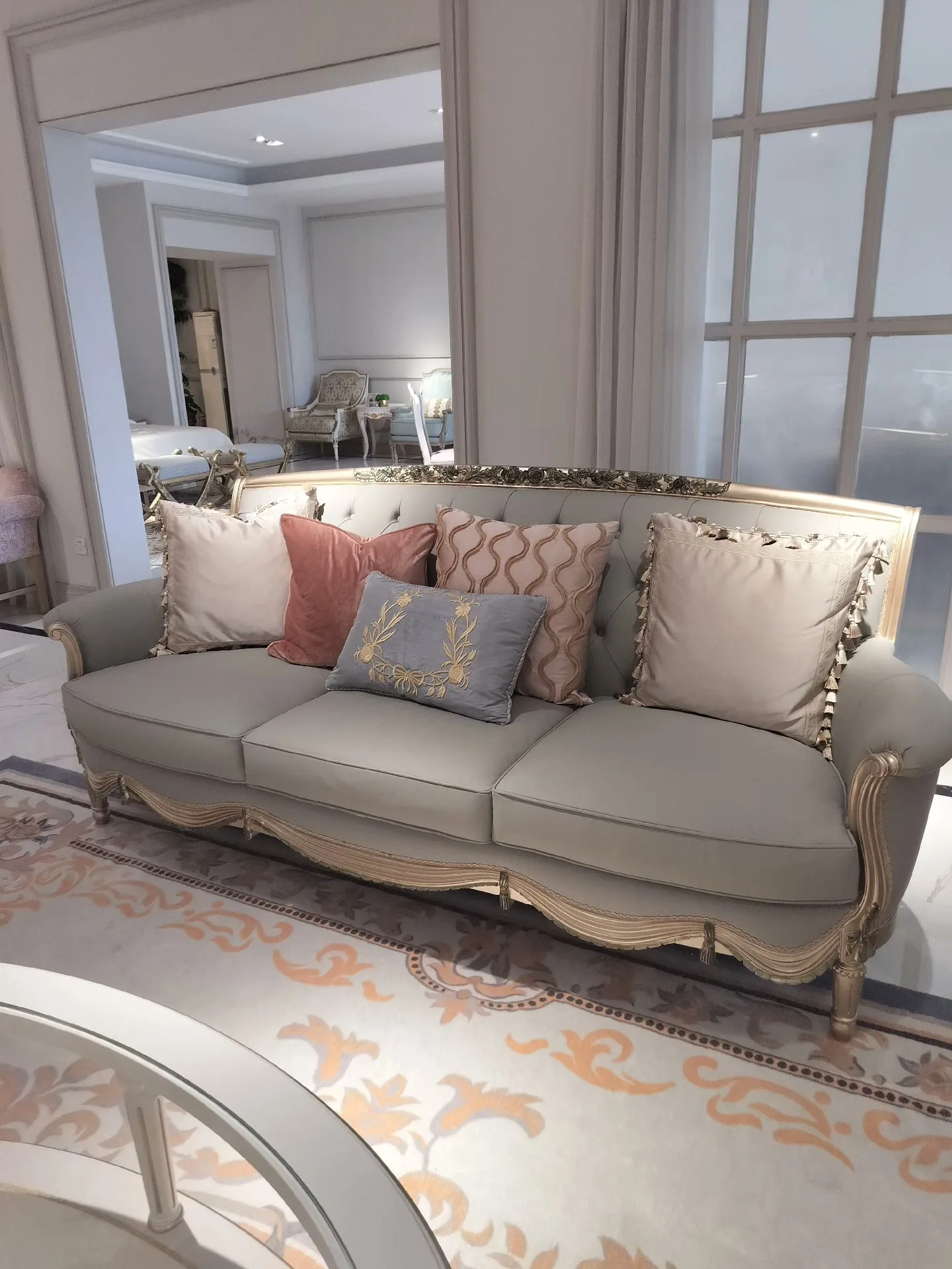 light luxury solid wood carving flower leather single three-person sofa modern fabric sofa combination new product