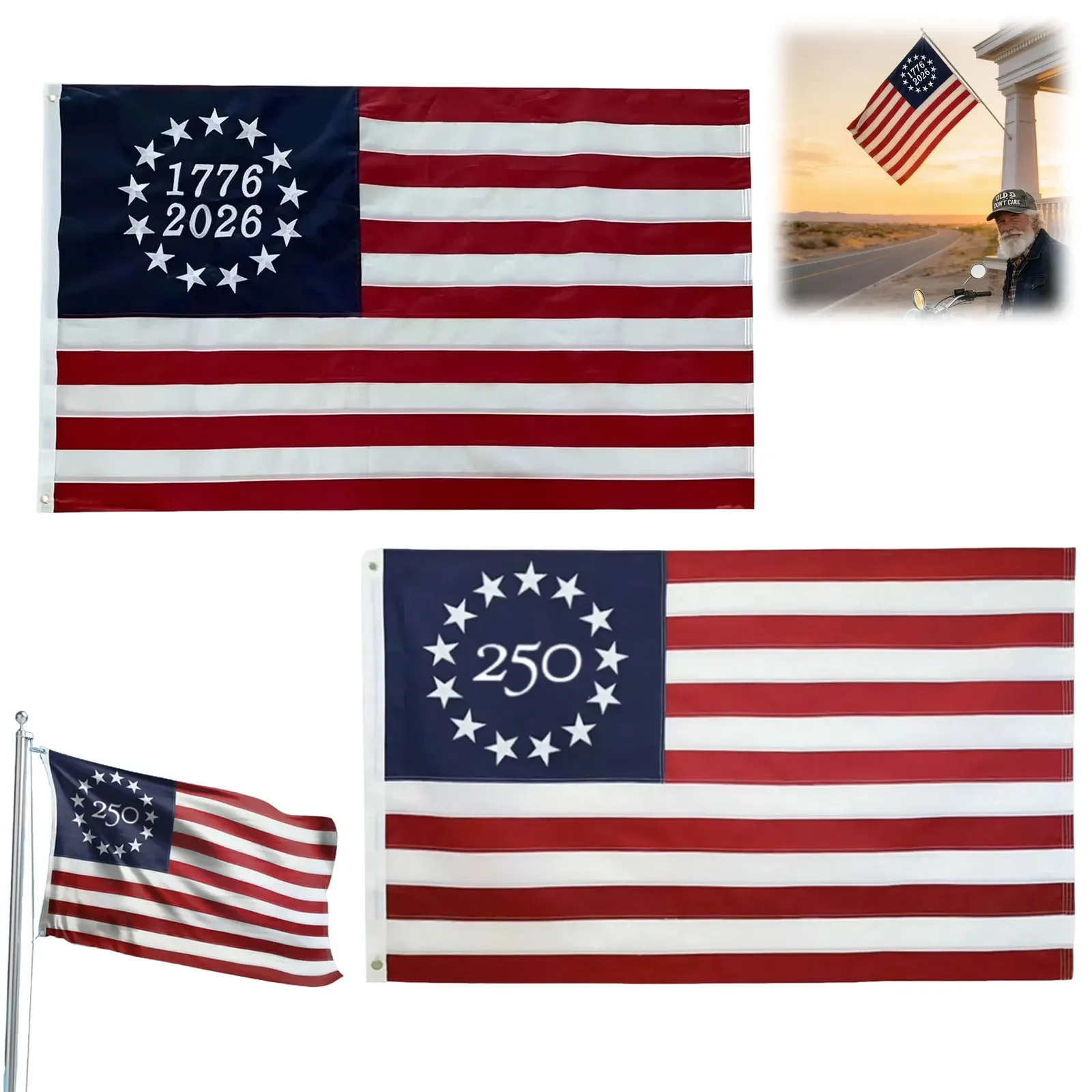 Vintage Cotton 1776 2026 Flags 3x5 Ft 250 Anniversary USA Flag Embroidered Tea Stained 13 US 2026 Heavy Flag Duty for Wolf
