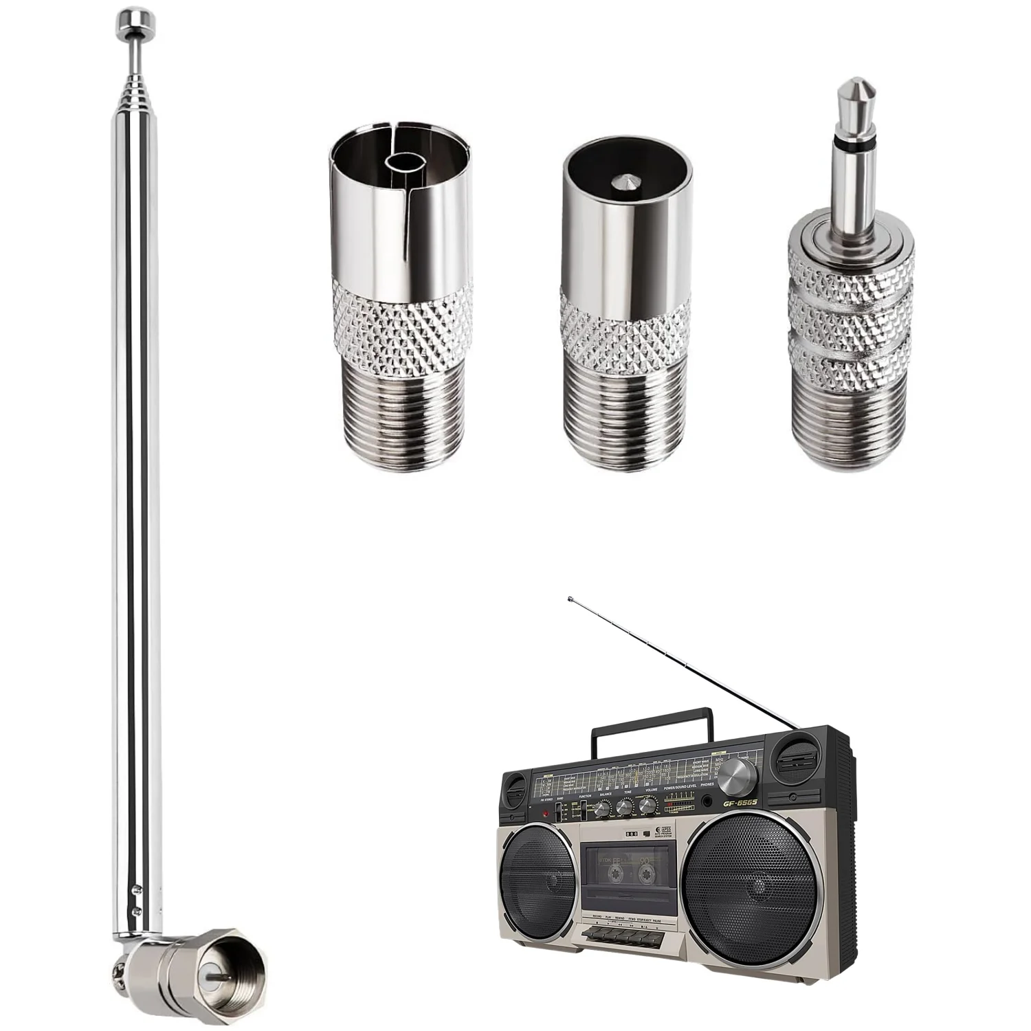 

Телескопическая FM-радиоантенна, 4-секционная медная антенна с хромированным покрытием, 360° ° Вращающаяся универсальная антенна AM FM-радио 45-450 МГц