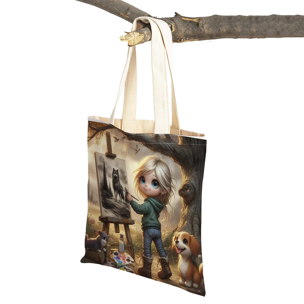 Women Tote Handbag Fairy Tale World Cartoon Forest Painting Girl Shopper Bag Children Gift Linen Double Print Lady Shopping Bags