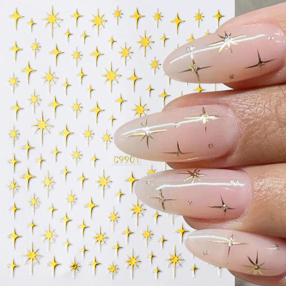 1Pcs 3D Gold Sliver Star Nail Art Stickers Bronzing Laser Starlight Slider Y2K Samoprzylepne naklejki DIY Manicure Dekoracje