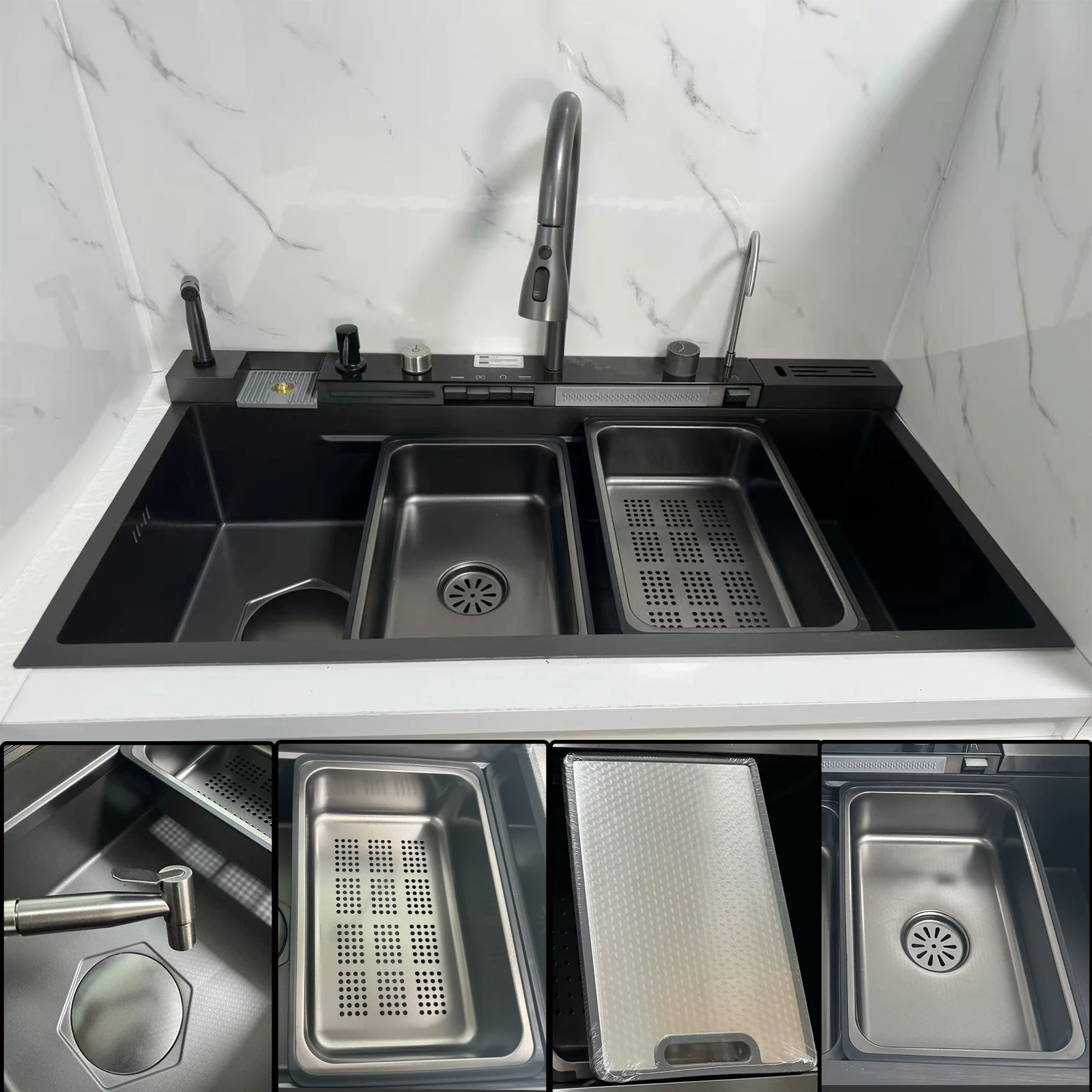 Multifunctional Sinks Various Waterfall Kitchen Sink Stainless Steel Large Single Slot With Pull-out Faucet