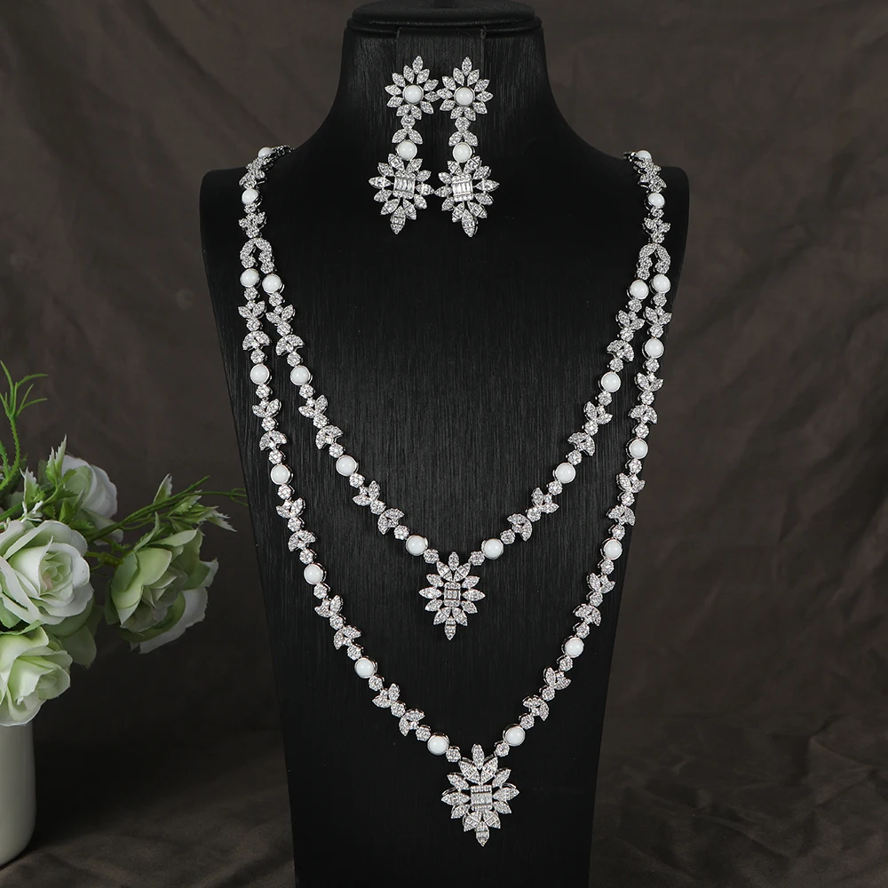 

Luxury Geometric Leaf Circle Cubic Zircon Engagement Dubai Naija Bridal Long Double Layer Necklace Earring Jewelry Set S510