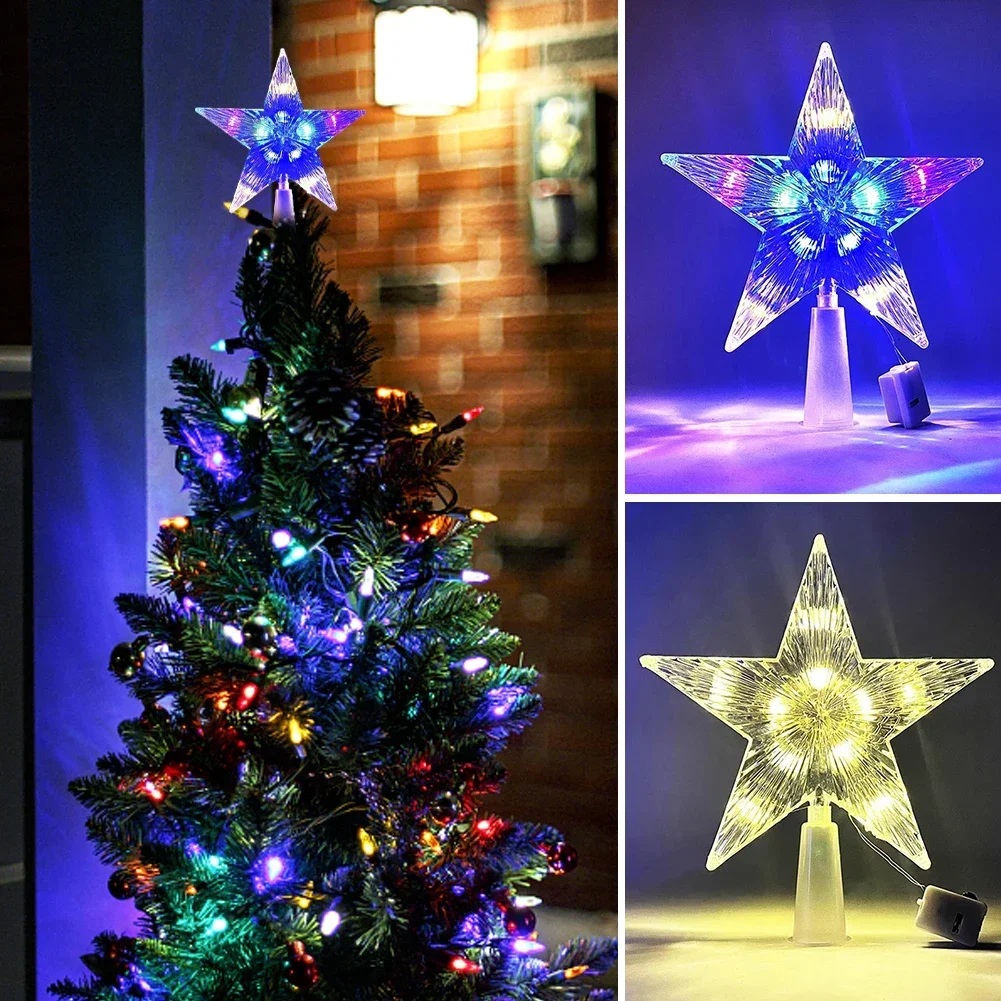 15cm Xmas Tree Transparent Five-pointed Star Ornament Glowing Christmas Tree Topper Star Topper with LED Light for Home Decor