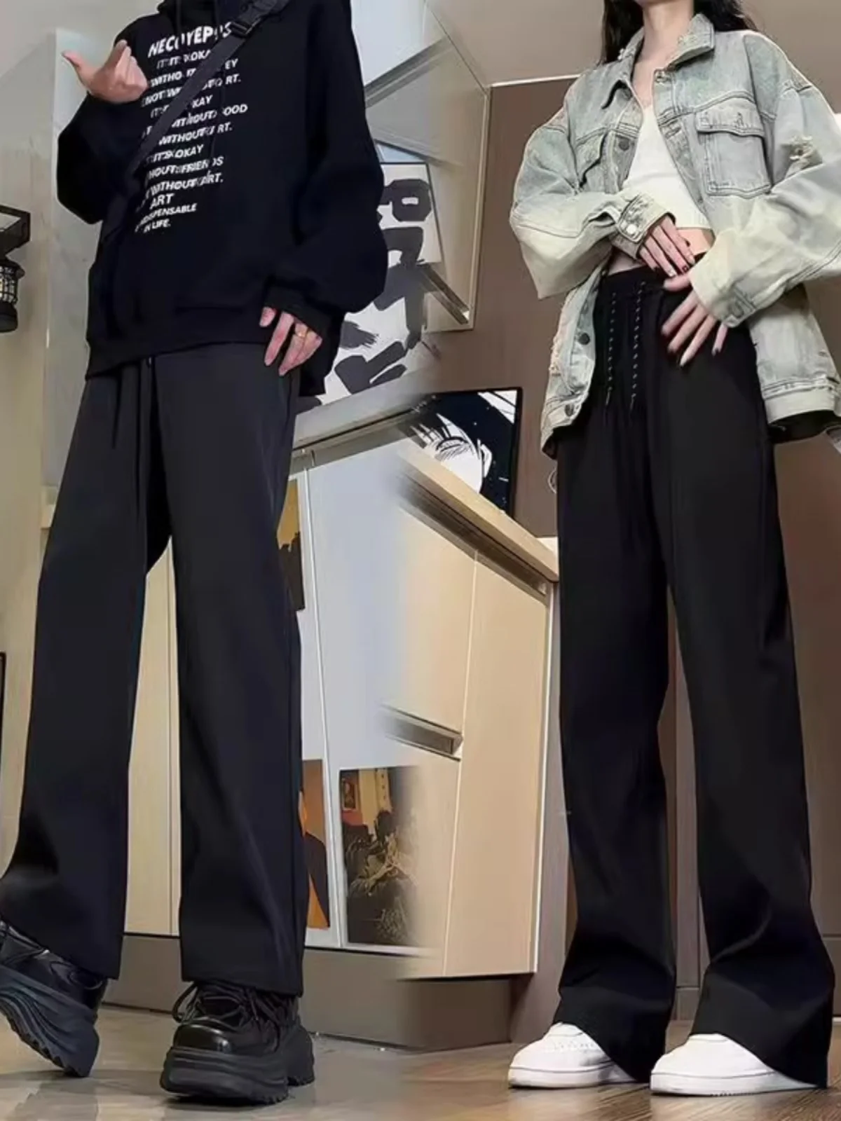 

Cleanfit Black Ice Silk Men's Casual Pants Summer High Street Drapey Flared Pants Slimming West Pants Straight Leg Trousers