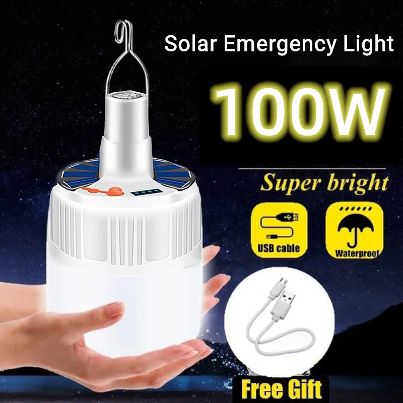 Linterna portátil de 80/100W para acampar, lámpara de emergencia recargable para exteriores, tienda familiar, Bombilla Solar LED