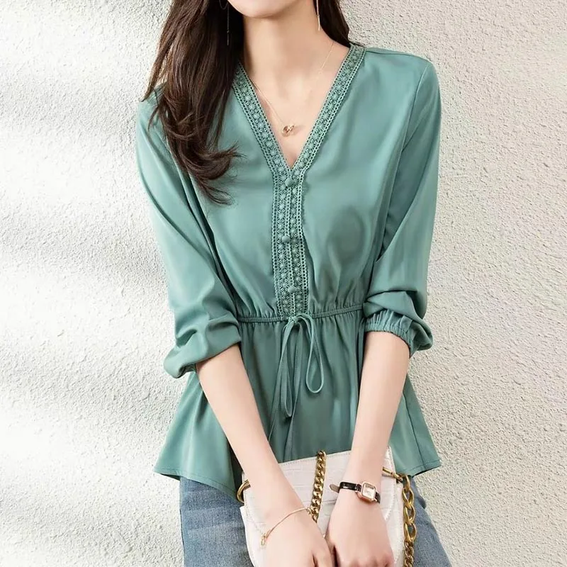 Commuter elegante cor sólida cintura laço camisa para feminino nova primavera moda coreano botão emendado com decote em v blusas de manga longa