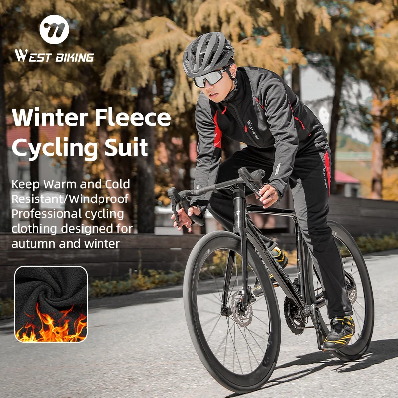 WEST BIKING Thermal Cycling Suit Winter Fleece Windproof Skiing Coat Running Jacket Bike Clothing Jerseys Pant Suit Sportwear