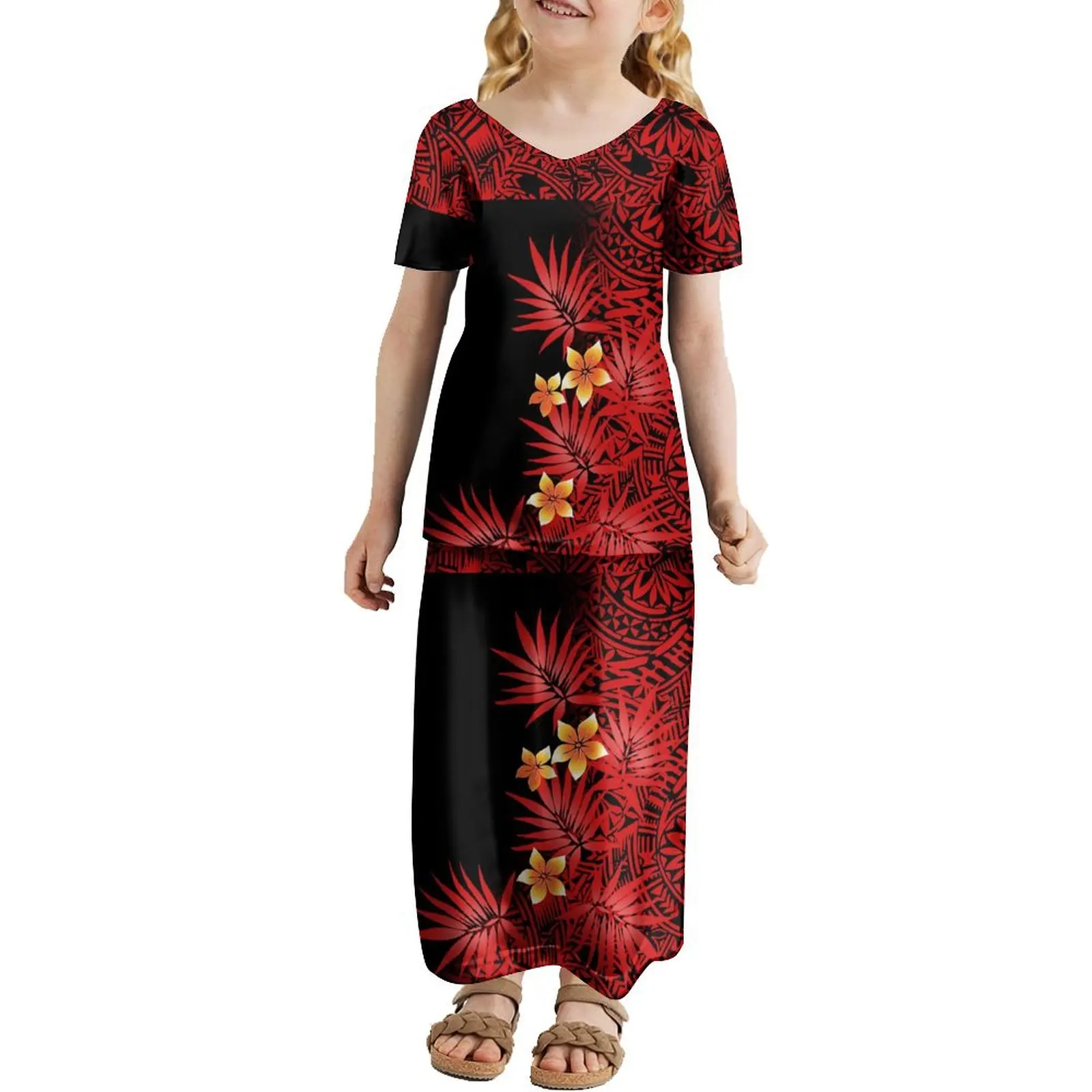 Polynesian Floral Print Custom Women'S Dress Summer Short Sleeve Set Skirt V-Neck Girl Puletasi Elegant Party Dress High Quality