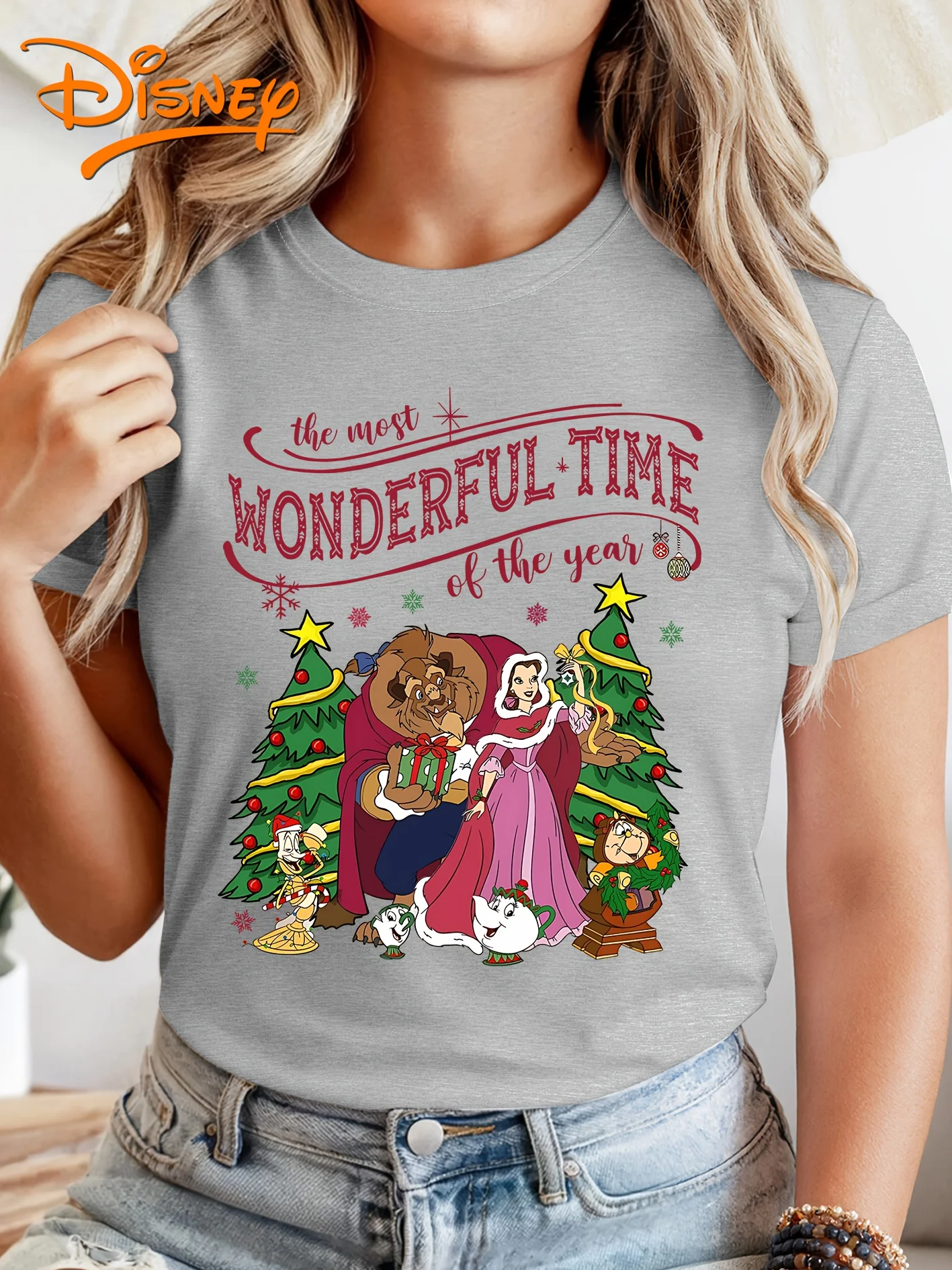 ديزني الجمال والوحش عيد الميلاد تي شيرت خمر المرأة الرجال القطن تي شيرت قصيرة الأكمام المتضخم س الرقبة إنها وقت رائع
