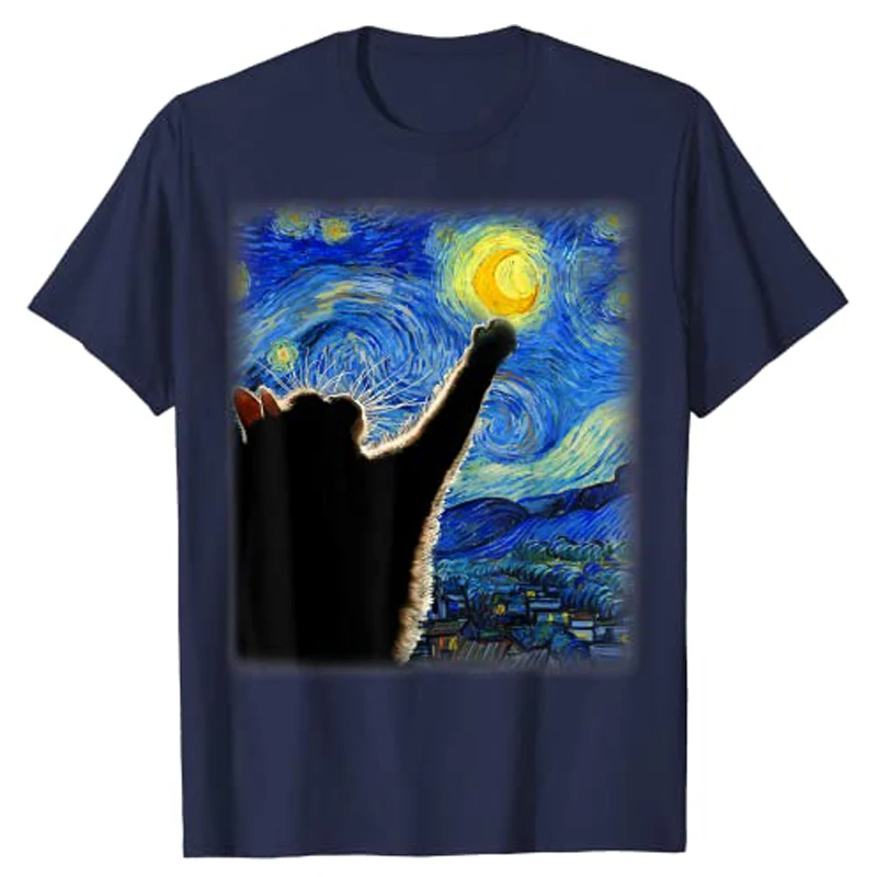 Starry Night Van Gogh Cat T-Shirt Cat-Lover Aesthetic Clothes Y2k Art Tops Graphic Tee Tops Unisex Short Sleeve Blouses Gifts