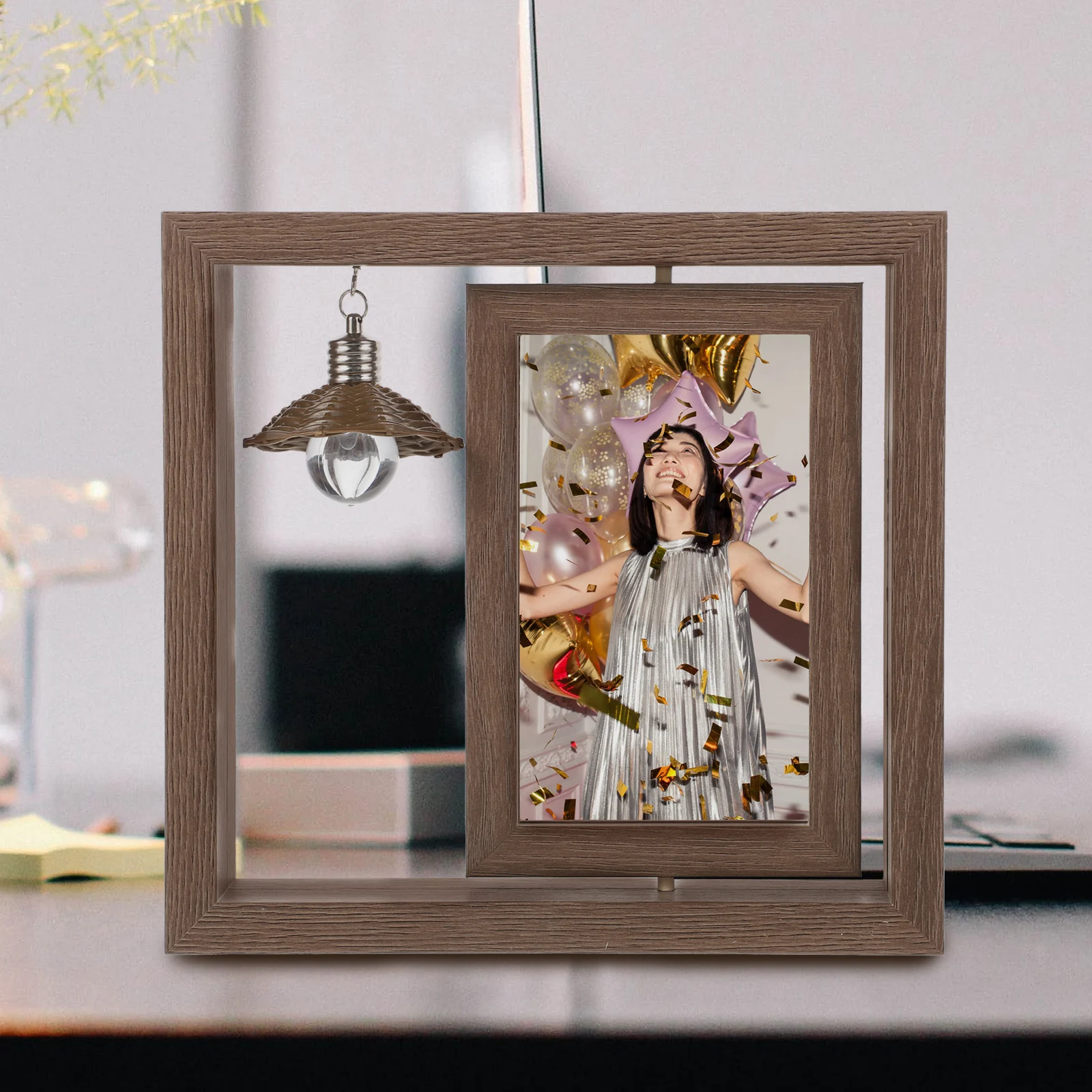 

Rotating Photo Frame Wooden Stainless Steel Home Decor Office Wall Picture Ornament Modern Gifts Picture Frames