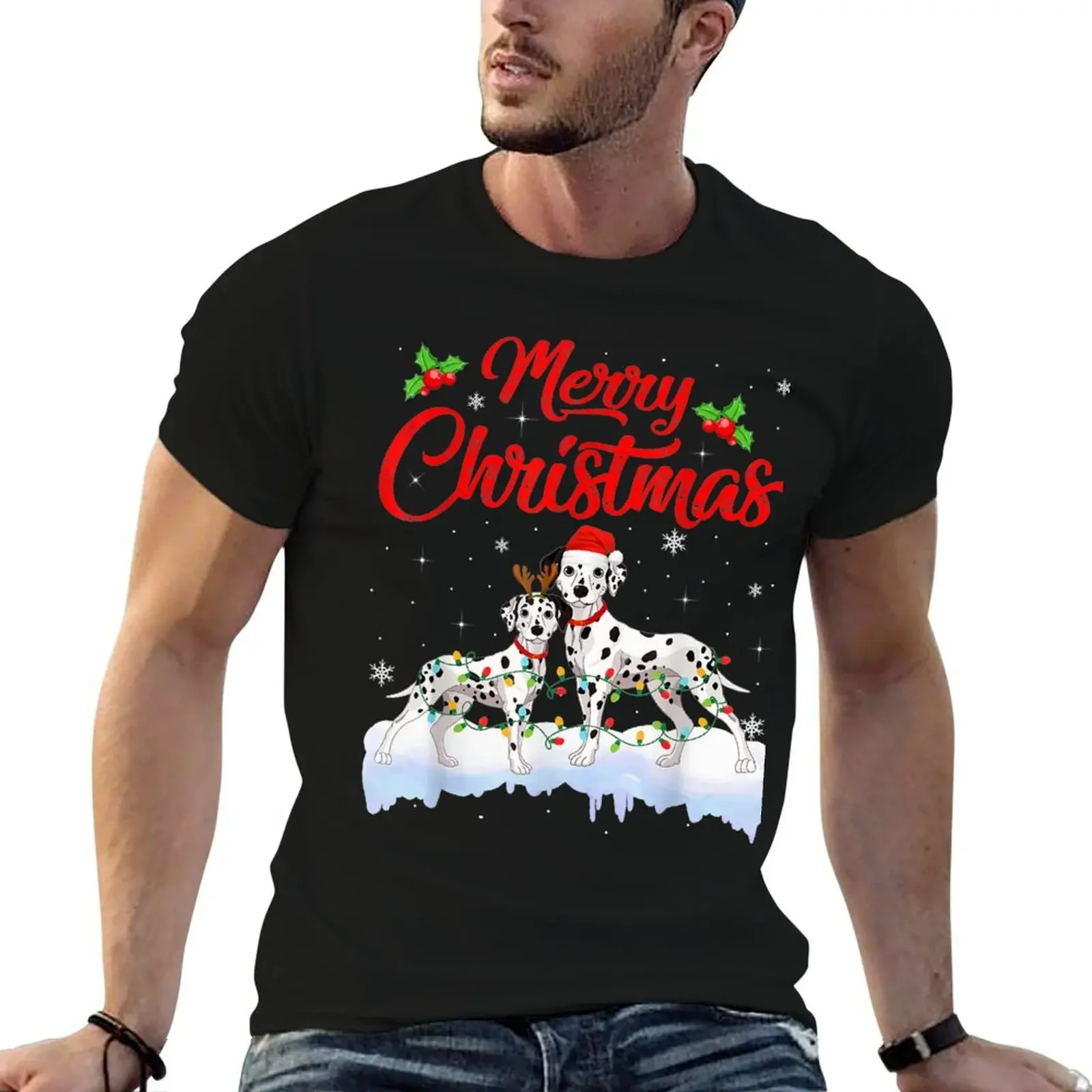 

Dalmatian Dog Christmas Lights Santa Hat Xmas Dog T-Shirt customizeds customs anime t shirts anime shirts men