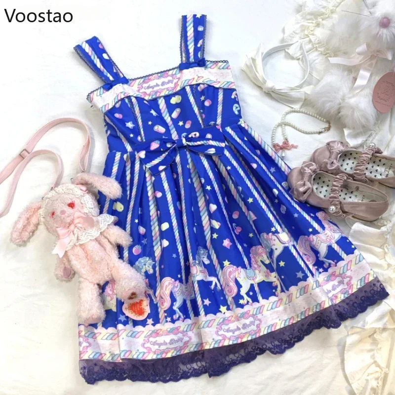 Japanese Sweet Lolita Jsk Dress Women Vintage Cute Sugar Horse Print Bow Party Dresses Girls Kawaii Blue Sleeveless Mini Dress