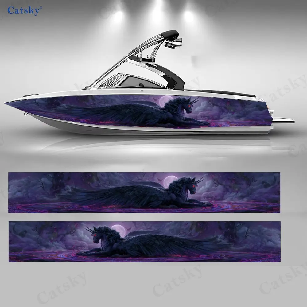 

Purple Moon Black Winged Unicorn Boat Stickers, PVC Waterproof Vinyl Wrap Decals for Fishing Boats, Durable and Stylish Design